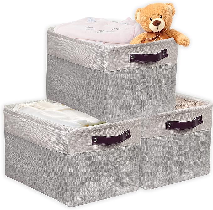 Simple Houseware Large Fabric Storage Bin, 15" x 11" with Leather Like Handles, 3 Pack, Gray