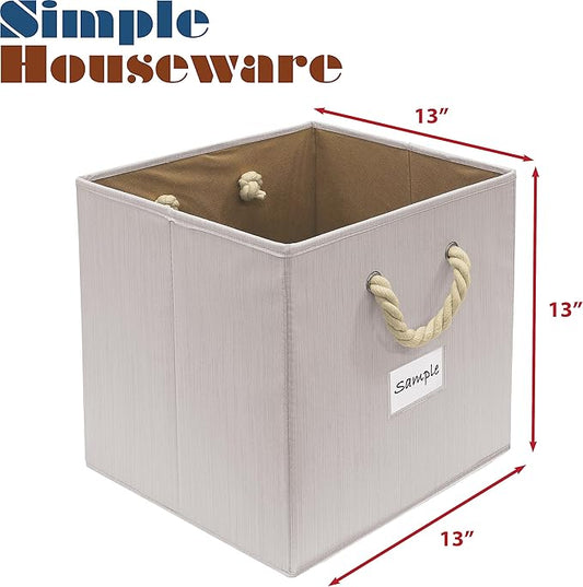 SIMPLE HOUSEWARE 13-Inch Cube Storage Bin With Braided Handles, 3 Pack, Ivory