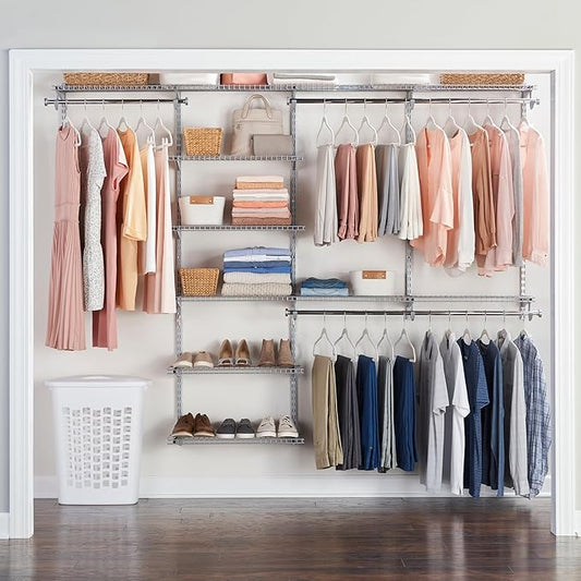 Rubbermaid Configurations Deluxe Custom Closet Kit 4-8 Ft. Adjustable Metal Wire Shelving Titanium Finish Expandable Organization System Hardware Included for Home Closet/Pantry/Laundry/Mudroom