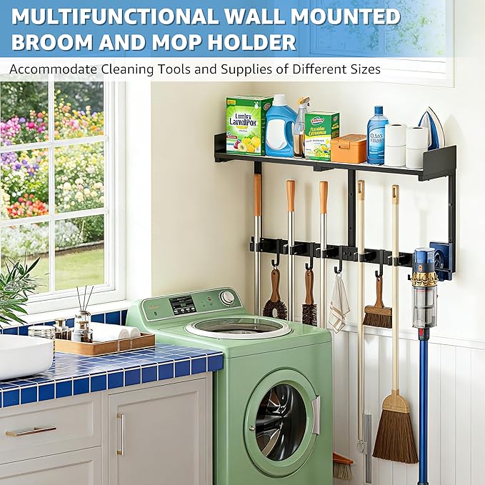 Broom Holder Wall Mount, 27" Large Mop and Broom Organizer Wall Hanging with Top Storage Shelf & Vacuum Hook, Heavy Duty Iron Utility Rack for Laundry Room, Garage, Kitchen, Garden - Black