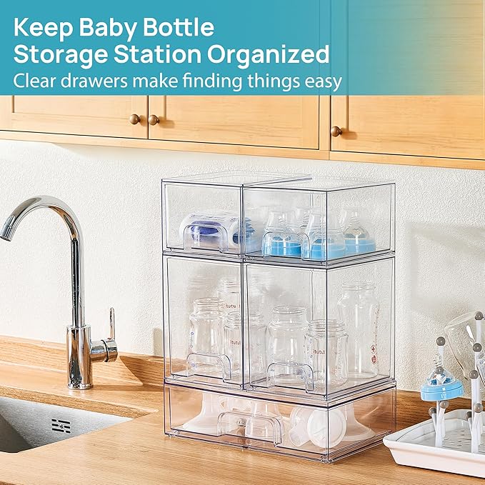 Vtopmart Stackable Storage Drawers Set of 5, Clear Plastic Organizer Bins for Baby Bottle, Beauty Supplies Storage, Ideal for Kichen Countertop, Vanity, Bathroom, Cabinet, Pantry Organization