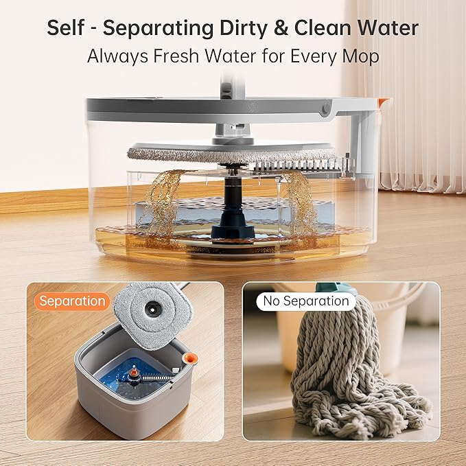 KZKR Spin Square mop and Bucket System with Wringer Set for Home with 10 Mop Pads (Grey,White)