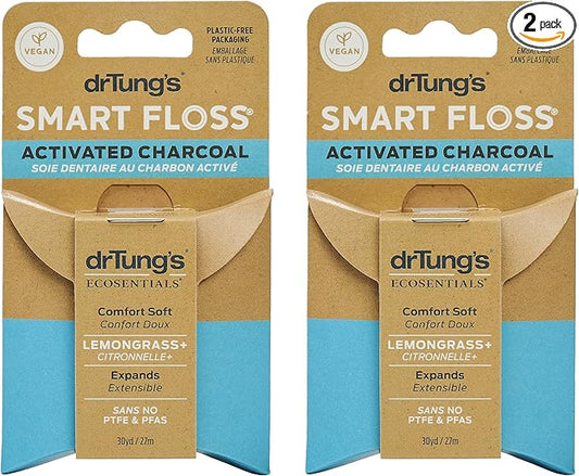 DrTung's Vegan Activated Charcoal Floss - Natural Dental Floss, PTFE & PFAS Free, Gentle on Gums, Expands & Stretches, BPA Free - Lemongrass Flavor (Pack of 2)