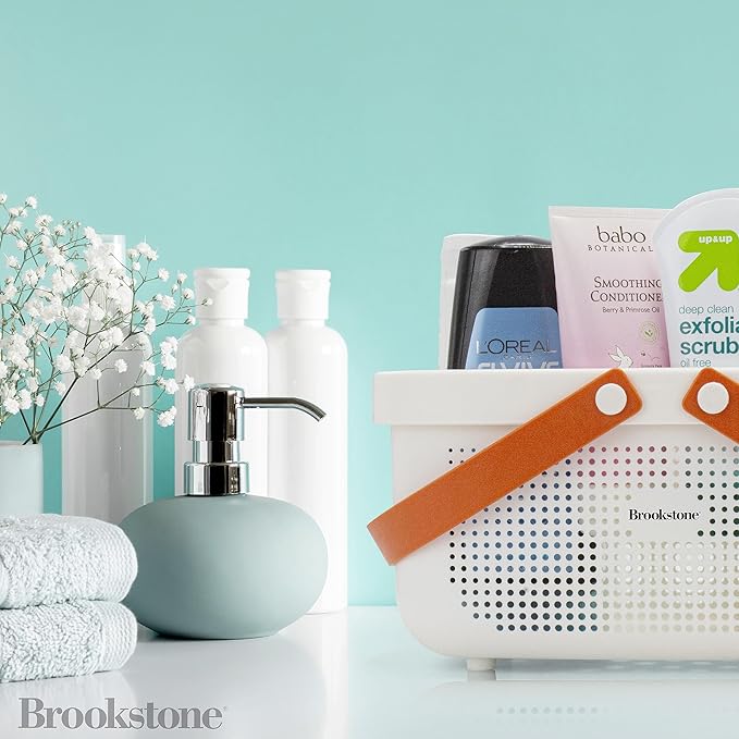 Brookstone Modern Large Portable Shower Caddy with Soft Silicone Carrying Handle, Bathroom Organizer Basket, Plastic Bath Tote and Shower Organizer, Quick Dry Drainage Holes, BPA Free, White