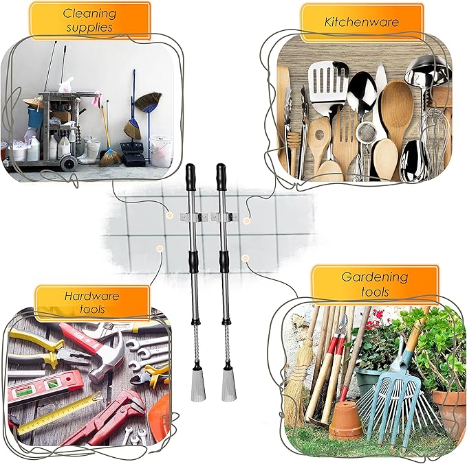 Self Adhesive Broom and Mop Holder Wall Mounted – SUS304 Stainless Steel 2-Slot Organizer with Anti-Slip Rubber Grips, 25lb Load, Adjustable for 0.6–1.4" Handles, Garage Kitchen Bathroom Use, 2 Pack