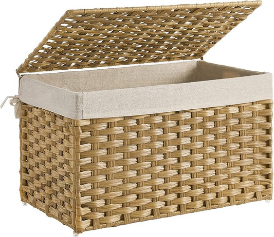 SONGMICS Storage Basket with Lid, Woven Blanket Storage Bin with Handles, Foldable, Removable Liner, Metal Frame, for Bedroom, Laundry Room, 17.2 Gallons (65 L), Natural URST56NL