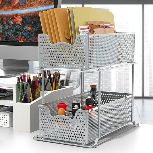 SIMPLE HOUSEWARE 2 Tier Sliding Cabinet Basket Organizer Drawer, Silver