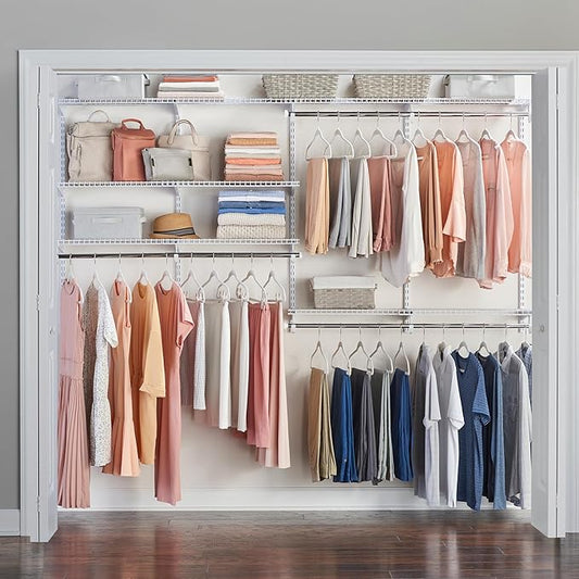 Rubbermaid Configurations Deluxe Custom Closet Kit 4-8Ft. Adjustable Metal Wire Shelving White Finish Expandable Organization System Hardware Included for Home Closet/Pantry/Laundry/Mudroom