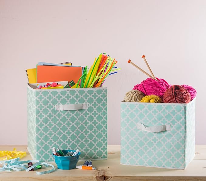DII Non Woven Polyester Storage Bin, Lattice, Aqua, Small Set of 4