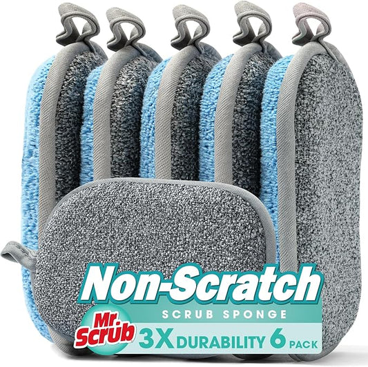 Sponges Kitchen Dish Sponge for Washing Dishes Cleaning Kitchen, All-Purpose, 6 Pack, Non Scratch, Rough Scrubbers Side for Non-Stick Cookware, Soft Microfiber Scrub Side for Dishes, Mr. Scrub