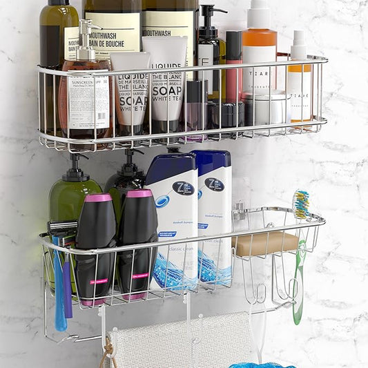 Simple Houseware Bathroom Adhesive Wall Mount Large Shower Caddy w/Hooks, Chrome, 2 Pack