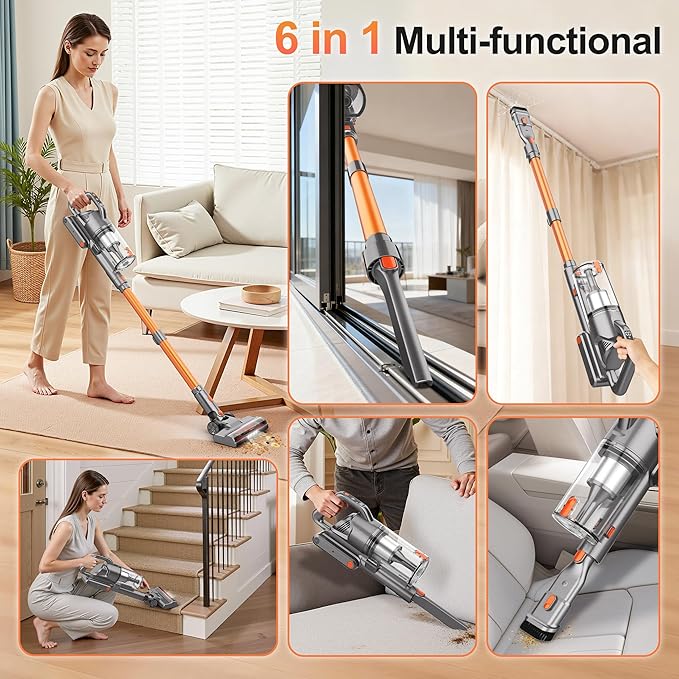Zefiro Cordless Vacuum Cleaners for Home,600W/50KPA, 55 Mins Runtime Battery Stick Vacuum Rechargeable with Anti-Tangle Brush, 1.5L Cup Vacuum for Pet Hair/Carpet/Floor