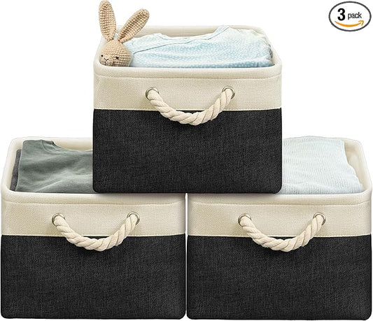 Simple Houseware Large Fabric Storage Bin, 15.7" x 12" with Braided Handles, 3 Pack, Black