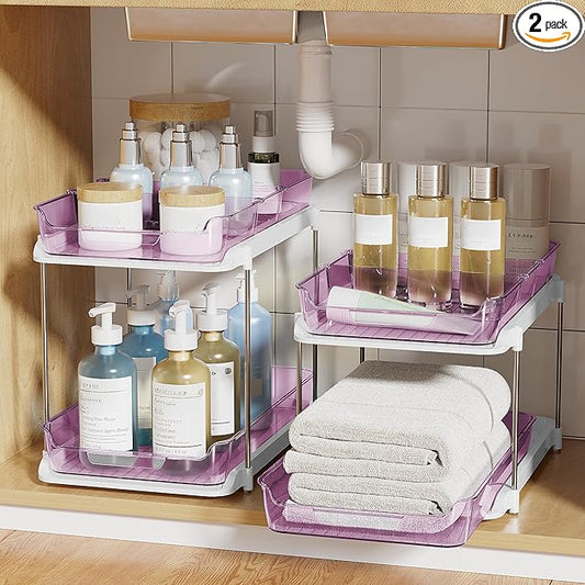 Delamu 2-Tier Multi-Purpose Bathroom Under Sink Organizers and Storage, Stackable Kitchen Pantry Organization, Pull Out Medicine Cabinet Organizer with Movable Dividers, Purple, 2 Pack