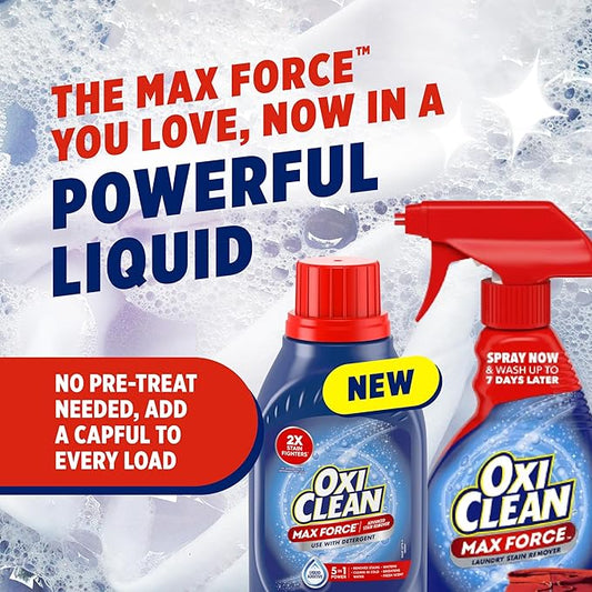 OxiClean Max Force Advanced Stain Remover Liquid, Color-Safe, Bleach-Free Kids and Baby Essential, Use with Detergent to Remove Messy Stains like Berries, Juice, Mud, Grass, 45 Fl Oz