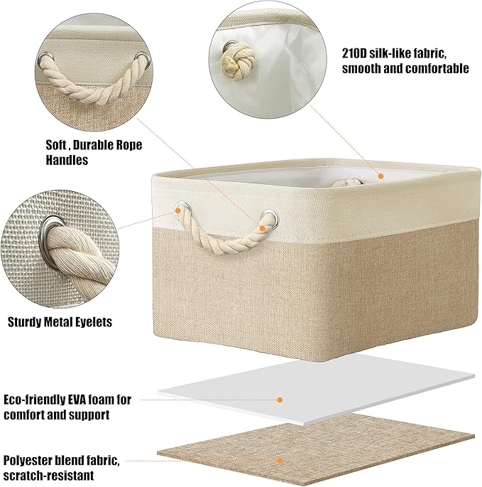Simple Houseware Large Fabric Storage Bin, 15.7" x 12" with Braided Handles, 3 Pack, Beige