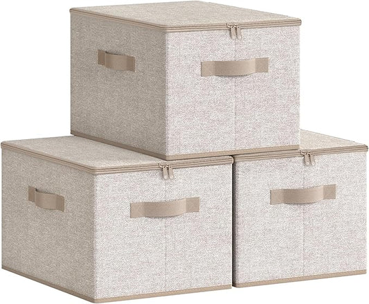 SONGMICS Foldable Storage Organizer Boxes, Set of 3 Storage Basket Bins with Lids, Handles, Clothes Organizer, 15.7 x 11.8 x 9.8 Inches, Non-Woven Fabric, Summer Sand URZB003K01