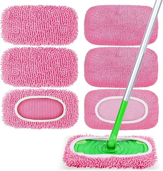 6-Pack Reusable Microfiber Mop Pads Compatible with Swiffer Sweeper, Dry & Wet Sweeping Cloths - Washable Wet Pads Refill for Multi-Surface/Hardwood Floor Cleaning -Pink