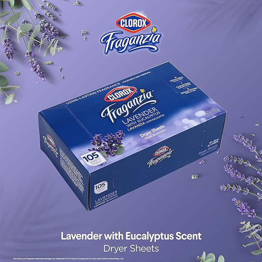 Clorox Fraganzia Fabric Softener Dryer Sheets, Lavender Scent - Wrinkle Reducing Scented Softening Laundry Sheets for Great Smelling Clothes, 105 Count - 6 Pack