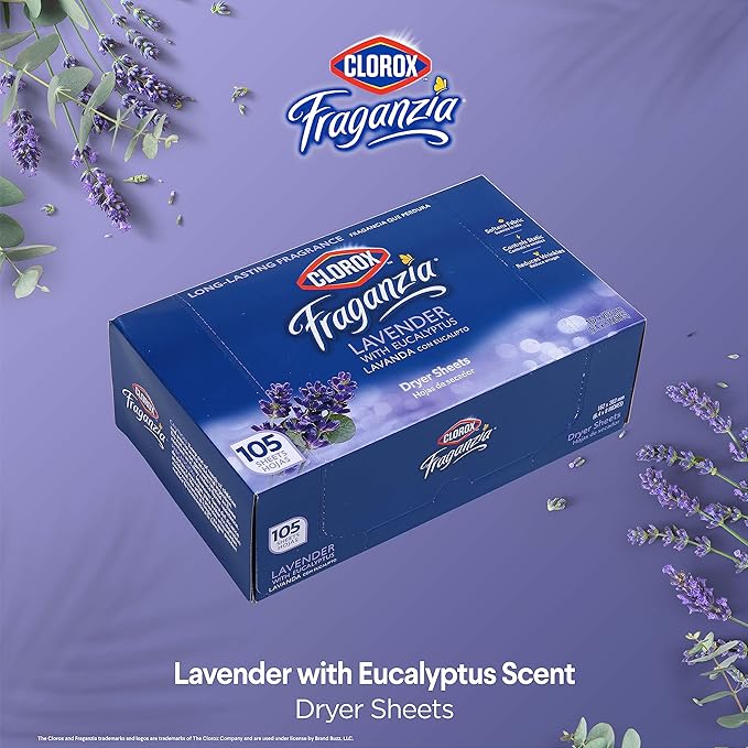 Clorox Fraganzia Fabric Softener Dryer Sheets, Lavender Scent - Wrinkle Reducing Scented Softening Laundry Dryer Sheets for Great Smelling Clothes, 105 Count