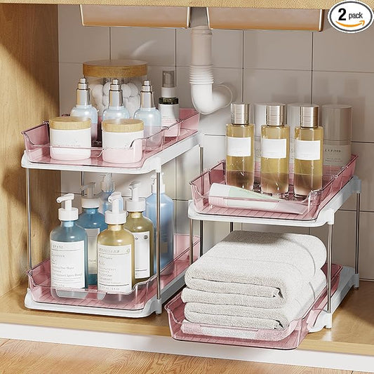 Delamu 2-Tier Multi-Purpose Bathroom Under Sink Organizers and Storage, Stackable Kitchen Pantry Organization, Pull Out Medicine Cabinet Organizer with Movable Dividers, Light Pink, 2 Pack