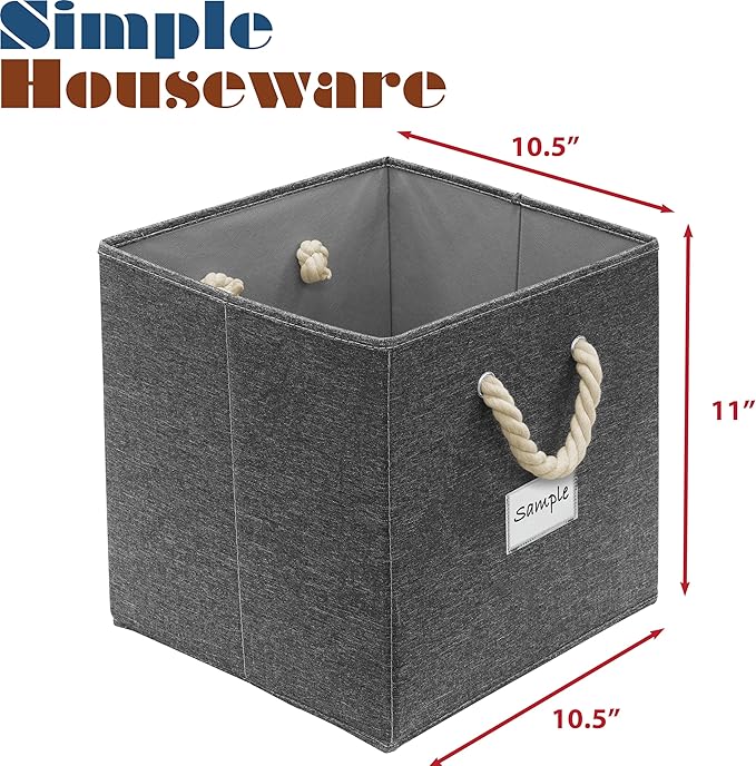 SIMPLE HOUSEWARE 11-Inch Cube Storage Bin With Braided Handles, 4 Pack, Dark Gray