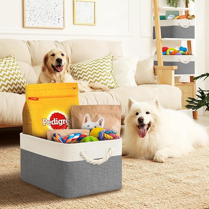 Simple Houseware Large Fabric Storage Bin, 15.7" x 12" with Braided Handles, 3 Pack, Gray