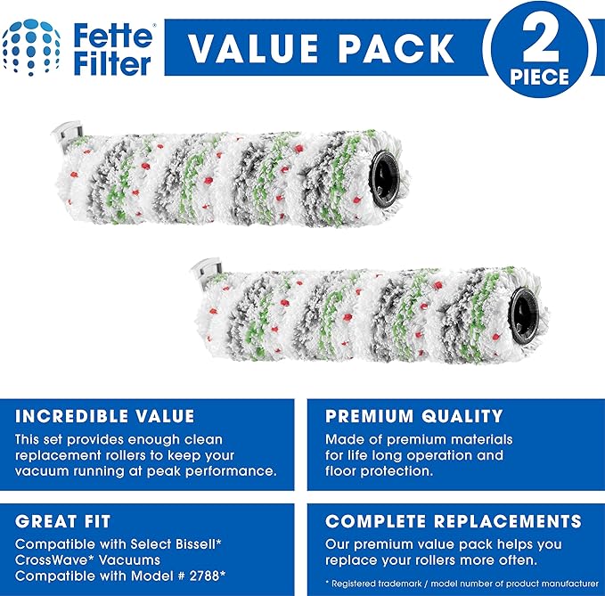 Fette Filter Multi Surface Pet Brush Roll - 2 Pack Compatible with BISSELL 2788, 2554A, 25542, 25548, 2593, 2554, 2596, 2596M, 2590, 2596B Vacuum Brush Roll - HEPA Material - Reusable