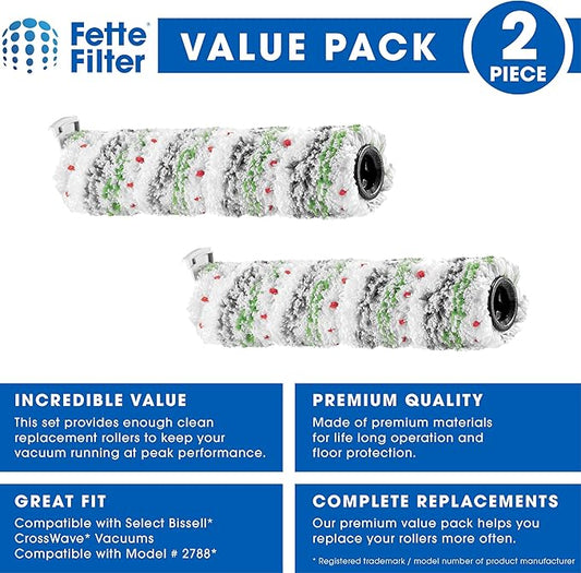 Fette Filter Multi Surface Pet Brush Roll - 2 Pack Compatible with BISSELL 2788, 2554A, 25542, 25548, 2593, 2554, 2596, 2596M, 2590, 2596B Vacuum Brush Roll - HEPA Material - Reusable
