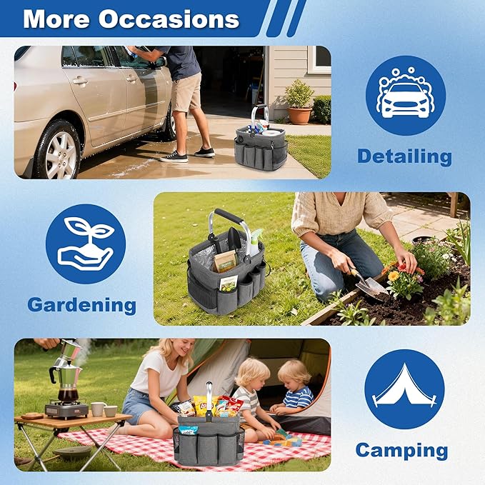 Cleaning Caddy Organizer with Handle, Cleaning Tote Bag with Multiple Pockets for Cleaning Supplies, Products Storage, Housekeepers, Car Cleaning, Grey