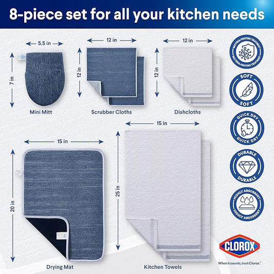 Clorox Premium Kitchen Set - Perfect for Home Cleaning & Handling Dishes - 2 Cotton Kitchen Towels, 2 Cotton Dishcloths, Mini Oven Mitt, Dish Drying Mat, 2 Scrubber Dishcloths - 8 Pc Set