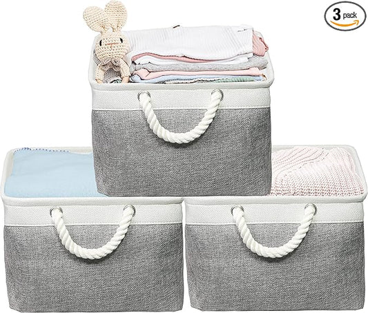 Simple Houseware Large Fabric Storage Bin, 15.7" x 12" with Braided Handles, 3 Pack, Gray