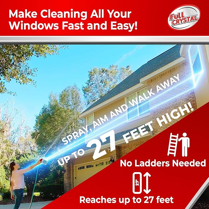 Full Crystal Window Cleaning Kit- 8 oz Glass Cleaner and Bottle with 27ft Reach will clean up to 40 Windows- Scrub Free, Rinse Free Glass Cleaner Spray Removes Dirt, Grime and Water Deposits