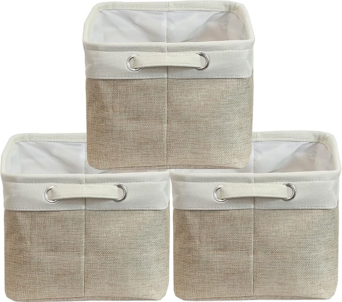 Simple Houseware Large Fabric Storage Bin, 14.4" x 10" with Handles, 3-Pack, Foldable Organizer for Closet and Shelf, Beige