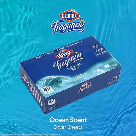 Clorox Fraganzia Dryer Sheets in Ocean Scent, 80 Count | Wrinkle-Reducing Fabric Softener Sheets | Best Laundry Dryer Sheets with Long-Lasting Ocean Scent