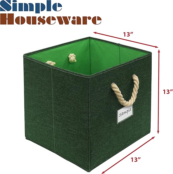 SIMPLE HOUSEWARE 13-Inch Cube Storage Bin With Braided Handles, 3 Pack, Green