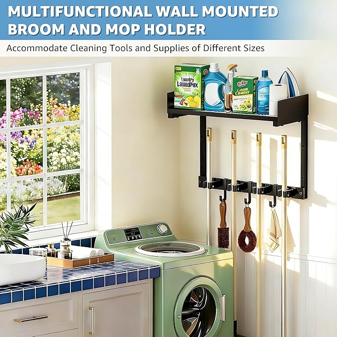 Heavy Duty Broom Holder Wall Mount with Grid Shelf, 4 Adjustable Hooks | All-in-One Cleaning Supplies Organizer for Laundry Room, Garage, Kitchen Storage