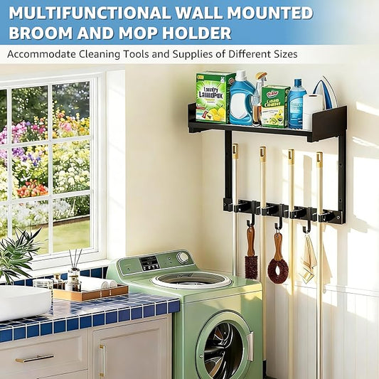 Heavy Duty Broom Holder Wall Mount with Grid Shelf, 4 Adjustable Hooks | All-in-One Cleaning Supplies Organizer for Laundry Room, Garage, Kitchen Storage