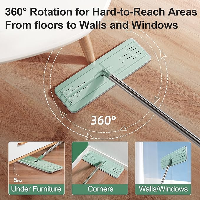 JOYMOOP 8L Large Capacity Flat Mop System (Light Green) with Extension Handle, Ideal for Floor, Window, and Wall Cleaning - Includes 3 Washable Microfiber Pads for Wet and Dry Use