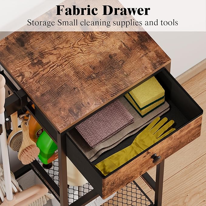 Heavy Duty Metal Cleaning Cart with Wheels,Broom Holder with Cleaning Supplies Organizer,Broom Storage Cart with Mop Hanger Gripper Rack Hooks for Home, Commercial (Rustic Brown, 29.72" L)