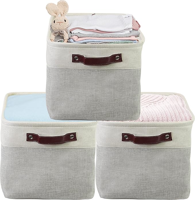 Simple Houseware Large Fabric Storage Bin, 15" x 11" with Leather Like Handles, 3 Pack, Gray