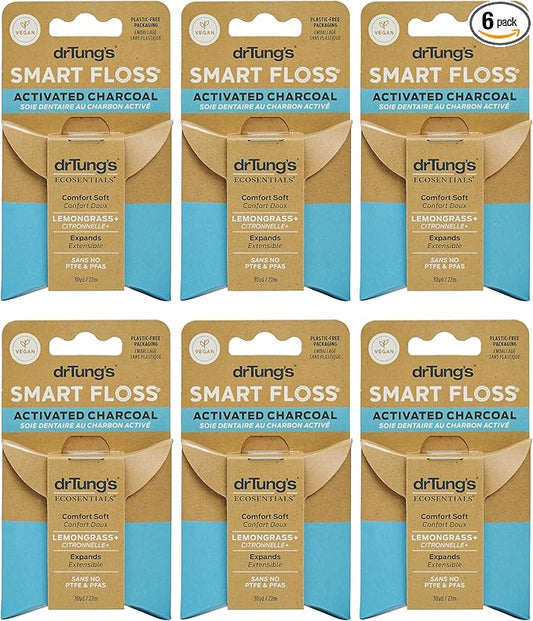 DrTung's Vegan Activated Charcoal Floss - Natural Floss, PTFE & PFAS Free, Gentle on Gums, Expands & Stretches, BPA Free- Natural Dental Floss Lemongrass Flavor (Pack of 6)