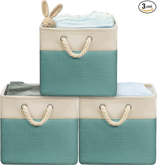 Simple Houseware Fabric Storage Cubes, 13" x 13" Storage Bin, 3 Pack, Turquoise