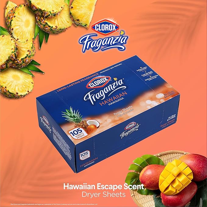 Clorox Fraganzia Dryer Sheets in Hawaiian Escape Scent, 105 Count | Wrinkle-Reducing Fabric Softener Sheets |Best Laundry Dryer Sheets with Long-Lasting Tropical Scent