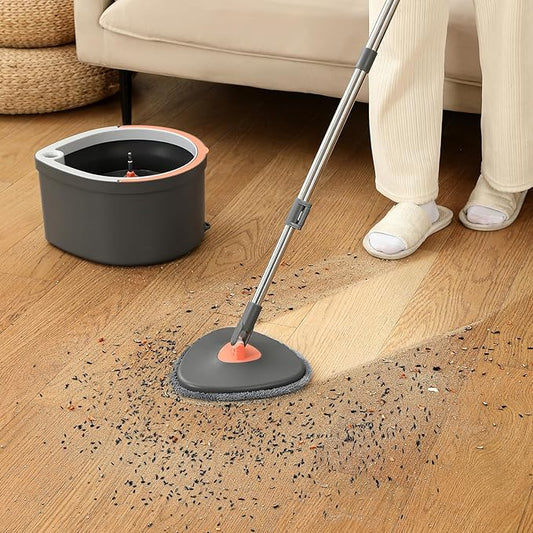 Spin Mop and Double Bucket Set with Dual-Chamber Water System,Self-Wringing Floor Cleaning Kit with 5 Extra Refills for Hardwood Tile Laminate Floors (shuidi-Grey)