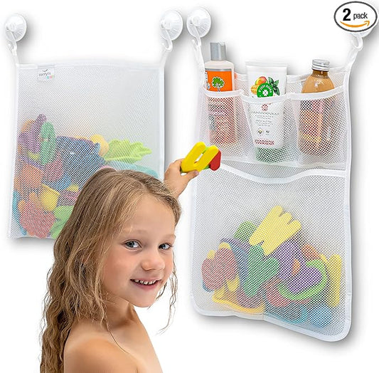2 x Mesh Bath Toy Organizer + 8 Ultra Strong Hooks – The Perfect Bathtub Toy Holder & Bathroom or Shower Caddy – These Multi-use Net Bags Make Baby Bath Toy Storage Easy – For Kids & Toddlers