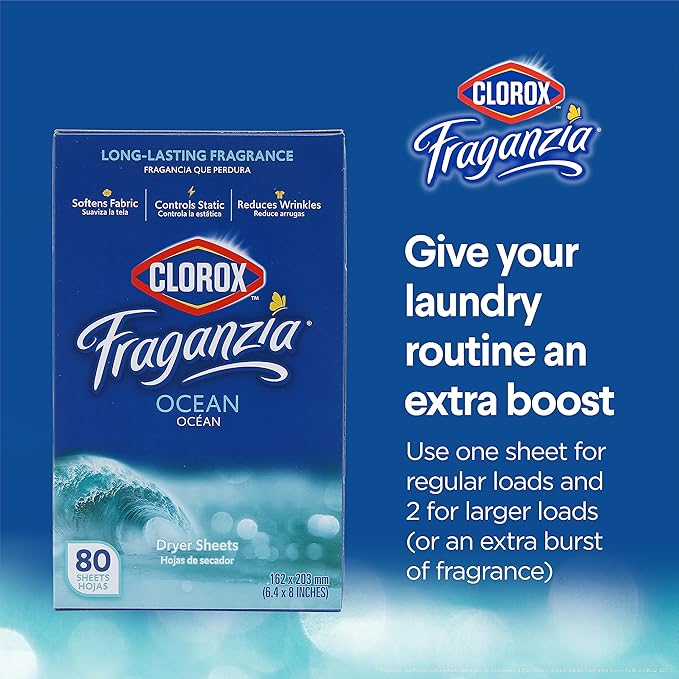 Clorox Fraganzia Dryer Sheets in Ocean Scent, 80 Count | Wrinkle-Reducing Fabric Softener Sheets | Best Laundry Dryer Sheets with Long-Lasting Ocean Scent