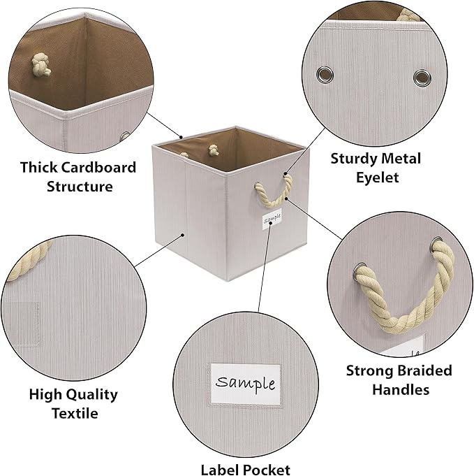 SIMPLE HOUSEWARE 13-Inch Cube Storage Bin With Braided Handles, 3 Pack, Ivory