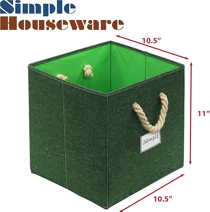 SIMPLE HOUSEWARE 11-Inch Cube Storage Bin With Braided Handles, 4 Pack, Green