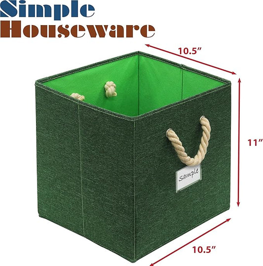 SIMPLE HOUSEWARE 11-Inch Cube Storage Bin With Braided Handles, 4 Pack, Green